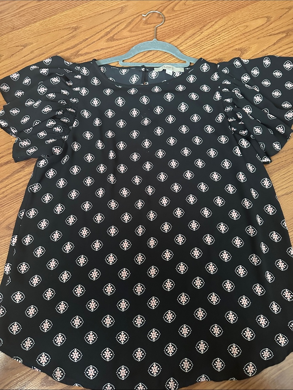 LOFT Black Blouse with Pink and White Medallion Print and Ruffle Sleeves